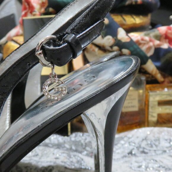 Guess black leather peep toe slingback platform heels w/ charm 7.5 silver heels - Picture 3 of 16